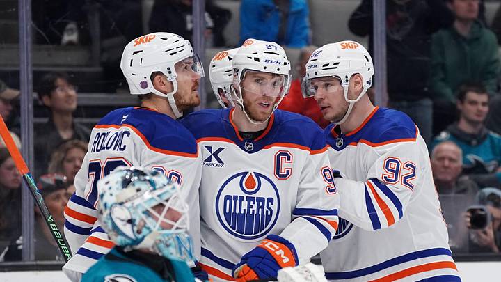 Apr 8, 2026; San Jose, California, USA; Edmonton Oilers center Connor McDavid (97) is congratulated by teammates after scoring against the San Jose Sharks during the first period at SAP Center at San Jose. Mandatory Credit: David Gonzales-Imagn Images Apr 8, 2026; San Jose, California, USA; Edmonton Oilers center Connor McDavid (97) is congratulated by teammates after scoring against the San Jose Sharks during the first period at SAP Center at San Jose. Mandatory Credit: David Gonzales-Imagn Images