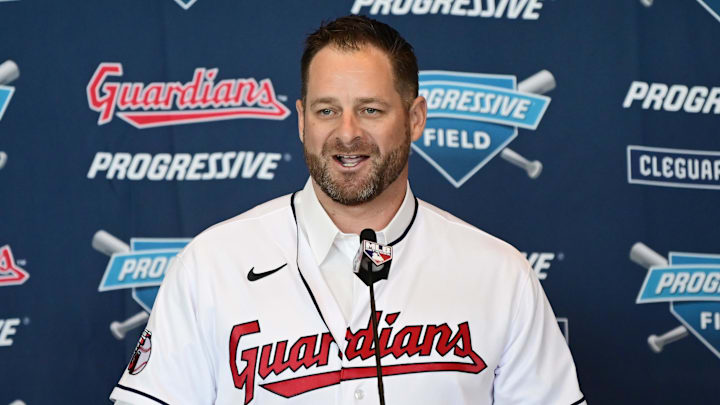 Nov 10, 2023; Cleveland, OH, USA;  Cleveland Guardians manager Stephen Vogt talks to the media