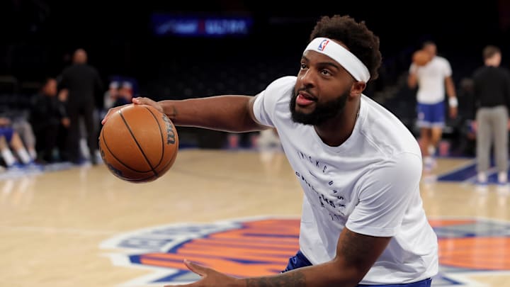 Apr 21, 2025; New York, New York, USA; New York Knicks center Mitchell Robinson (23) warms up before game two of first round of the 2024 NBA Playoffs against the Detroit Pistons at Madison Square Garden. Mandatory Credit: Brad Penner-Imagn Images Apr 21, 2025; New York, New York, USA; New York Knicks center Mitchell Robinson (23) warms up before game two of first round of the 2024 NBA Playoffs against the Detroit Pistons at Madison Square Garden. Mandatory Credit: Brad Penner-Imagn Images
