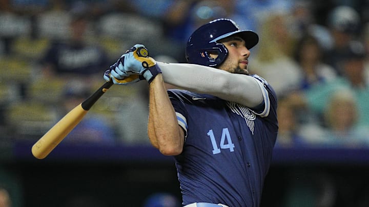 Kansas City Royals right fielder Jac Caglianone (14) hits a home run during the seventh inning against the Toronto Blue Jays at Kauffman Stadium. 