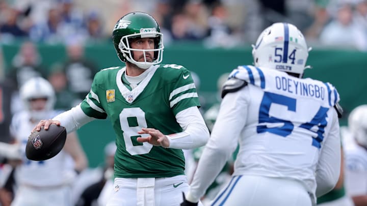 Nov 17, 2024; East Rutherford, New Jersey, USA; New York Jets quarterback Aaron Rodgers (8) drops back to pass against Indianapolis Colts defensive end Dayo Odeyingbo (54) during the first quarter at MetLife Stadium. Nov 17, 2024; East Rutherford, New Jersey, USA; New York Jets quarterback Aaron Rodgers (8) drops back to pass against Indianapolis Colts defensive end Dayo Odeyingbo (54) during the first quarter at MetLife Stadium.