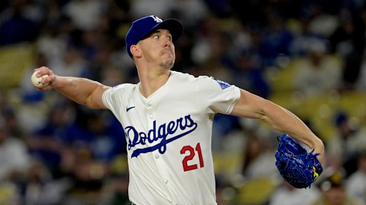 Sep 26, 2024; Los Angeles, California, USA; Los Angeles Dodgers starting pitcher Walker Buehler (21) delivers to the plate in the first inning against the San Diego Padres at Dodger Stadium. Mandatory Credit: Jayne Kamin-Oncea-Imagn Images Sep 26, 2024; Los Angeles, California, USA; Los Angeles Dodgers starting pitcher Walker Buehler (21) delivers to the plate in the first inning against the San Diego Padres at Dodger Stadium. Mandatory Credit: Jayne Kamin-Oncea-Imagn Images
