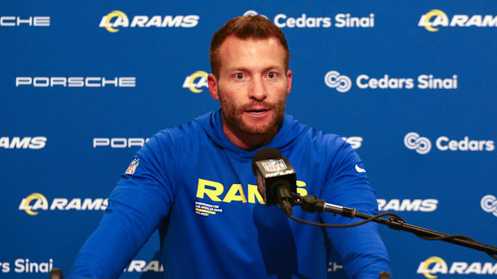 Dec 18, 2025; Seattle, Washington, USA;  Los Angeles Rams head coach Sean McVay speaks in a press conference after a game against the Seattle Seahawks at Lumen Field. Mandatory Credit: Kevin Ng-Imagn Images