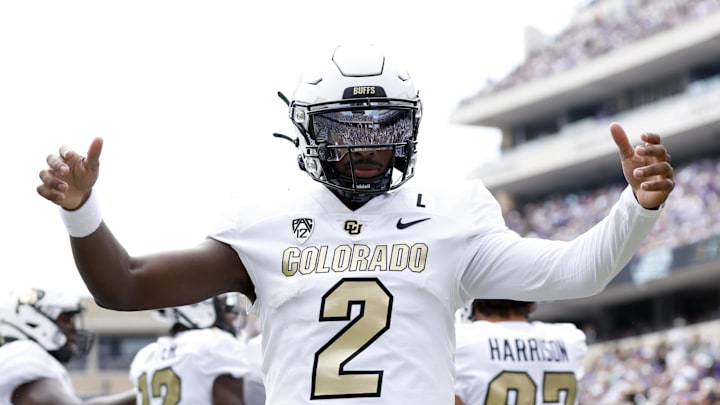 Sep 2, 2023; Fort Worth, Texas, USA; Colorado Buffaloes quarterback Shedeur Sanders (2) celebrates a touchdown in the first quarter against the TCU Horned Frogs at Amon G. Carter Stadium. Mandatory Credit: Tim Heitman-Imagn Images