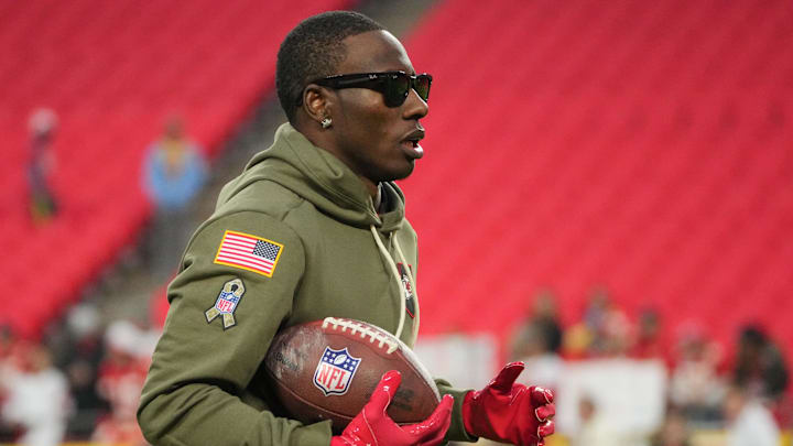 Oct 27, 2025; Kansas City, Missouri, USA; Kansas City Chiefs wide receiver Marquise Brown (5) warms up prior to the game against the Washington Commanders at GEHA Field at Arrowhead Stadium. Mandatory Credit: Denny Medley-Imagn Images