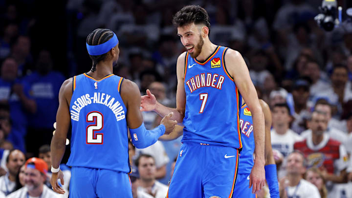 May 28, 2025; Oklahoma City, Oklahoma, USA; Oklahoma City Thunder forward Chet Holmgren (7) and guard Shai Gilgeous-Alexander (2) celebrates during the second quarter against the Minnesota Timberwolves in game five of the western conference finals for the 2025 NBA Playoffs at Paycom Center. Mandatory Credit: Alonzo Adams-Imagn Images