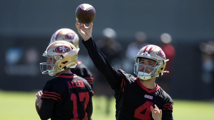 Jul 26, 2024; Santa Clara, CA, USA; San Francisco 49ers quarterback Brandon Allen (17) and quarterback Tanner Mordecai (4) drop to pass in drills during Day 4 of training camp at SAP Performance Facility. Mandatory Credit: D. Ross Cameron-USA TODAY Sports Jul 26, 2024; Santa Clara, CA, USA; San Francisco 49ers quarterback Brandon Allen (17) and quarterback Tanner Mordecai (4) drop to pass in drills during Day 4 of training camp at SAP Performance Facility. Mandatory Credit: D. Ross Cameron-USA TODAY Sports