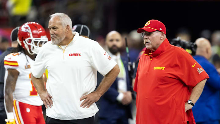 Feb 9, 2025; New Orleans, LA, USA;  Kansas City Chiefs special teams coordinator Dave Toub (left) with head coach Andy Reid against the Philadelphia Eagles in Super Bowl LIX at Ceasars Superdome. 
