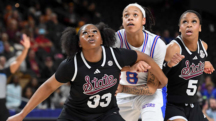 Mississippi State Bulldogs forward Kharyssa Richardson (33) and Mississippi State Bulldogs guard Chandler Prater (5) box out Florida Gators forward Me'arah O'Neal (8) Wednesday, March 4, 2026, during the SEC Women's Basketball Tournament first round game at Bon Secours Wellness Arena in Greenville, South Carolina. Mississippi State Bulldogs forward Kharyssa Richardson (33) and Mississippi State Bulldogs guard Chandler Prater (5) box out Florida Gators forward Me'arah O'Neal (8) Wednesday, March 4, 2026, during the SEC Women's Basketball Tournament first round game at Bon Secours Wellness Arena in Greenville, South Carolina.
