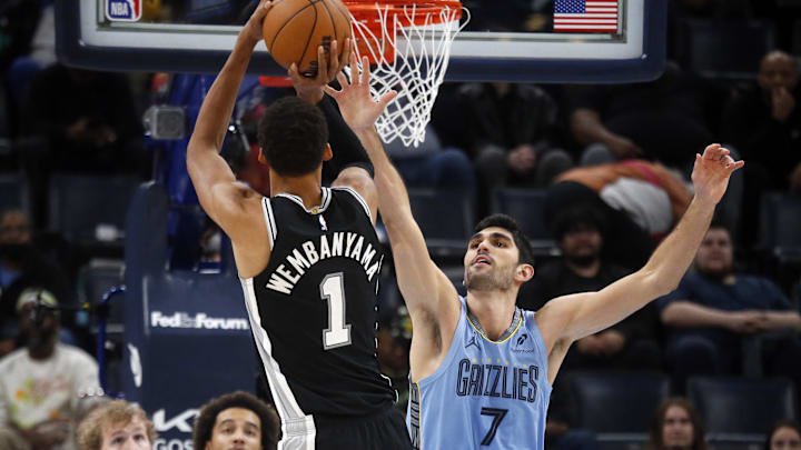 Jan 6, 2026; Memphis, Tennessee, USA; Memphis Grizzlies forward Santi Aldama (7) defends as San Antonio Spurs forward Victor Wembanyama (1) shoots during the fourth quarter at FedExForum. Mandatory Credit: Petre Thomas-Imagn Images