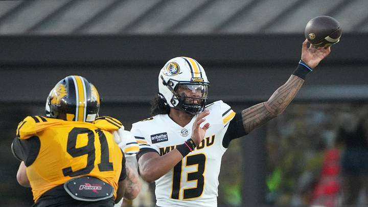 Sep 3, 2026; Columbia, Missouri, USA; Missouri Tigers quarterback Austin Simmons (13) throws a pass against the Arkansas-Pine Bluff Golden Lions during the first half at Faurot Field at Memorial Stadium. Mandatory Credit: Denny Medley-Imagn Images Sep 3, 2026; Columbia, Missouri, USA; Missouri Tigers quarterback Austin Simmons (13) throws a pass against the Arkansas-Pine Bluff Golden Lions during the first half at Faurot Field at Memorial Stadium. Mandatory Credit: Denny Medley-Imagn Images