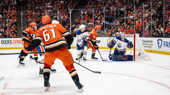 Apr 26, 2026; Anaheim, California, USA; Anaheim Ducks left wing Cutter Gauthier (61) scores a goal during the second period against the Edmonton Oilers in game four of the first round of the 2026 Stanley Cup Playoffs at Honda Center. Mandatory Credit: Corinne Votaw-Imagn Images