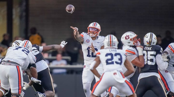 Auburn quarterback Ashton Daniels (12) passes during the second quarter against Vanderbilt at FirstBank Stadium in Nashville, Tenn., Saturday, Nov. 8, 2025.