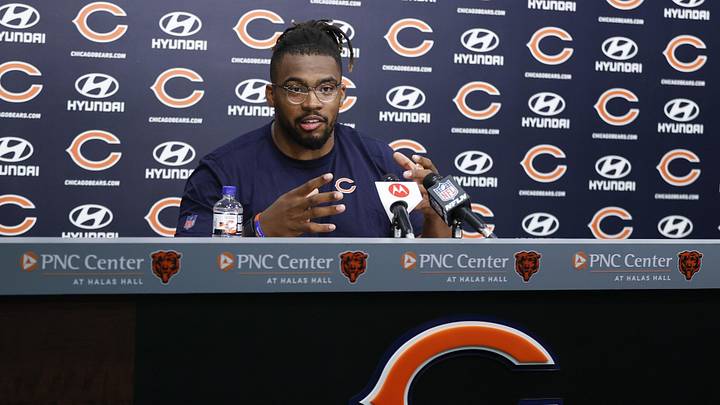 May 7, 2022; Lake Forest, IL, USA; Chicago Bears offensive tackle Braxton Jones speaks at a news conference during team's rookie minicamp at Halas Hall. Mandatory Credit: Kamil Krzaczynski-Imagn Images