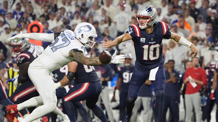 Oct 5, 2025; Orchard Park, New York, USA; New England Patriots quarterback Drake Maye (10) against the Buffalo Bills.