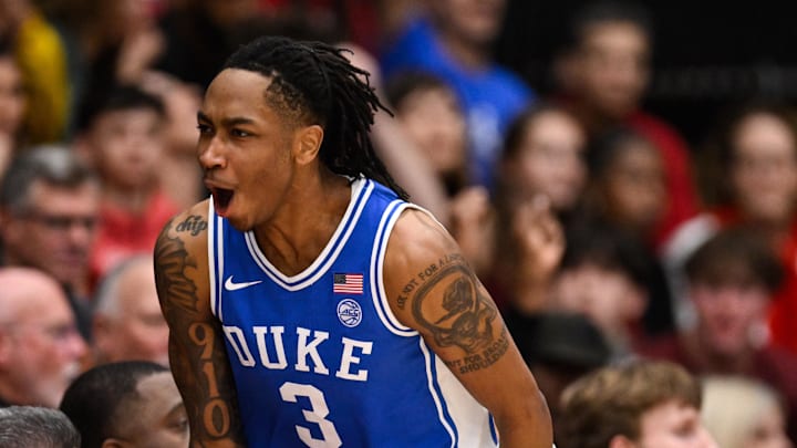Jan 17, 2026; Stanford, California, USA; Duke Blue Devils guard Isaiah Evans (3) celebrates his basket against the Stanford Cardinal in the first half at Maples Pavilion. Mandatory Credit: Eakin Howard-Imagn Images