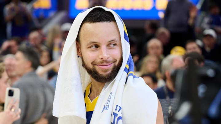 Dec 28, 2024; San Francisco, California, USA; Golden State Warriors guard Stephen Curry (30) reacts on the court after the game against the Phoenix Suns at Chase Center. 