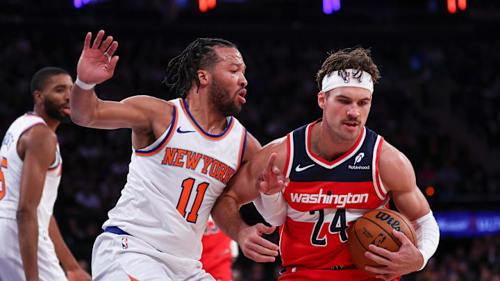 Oct 9, 2024; New York, New York, USA; Washington Wizards forward Corey Kispert (24) is defended by New York Knicks guard Jalen Brunson (11) during the first quarter at Madison Square Garden. Mandatory Credit: Vincent Carchietta-Imagn Images Oct 9, 2024; New York, New York, USA; Washington Wizards forward Corey Kispert (24) is defended by New York Knicks guard Jalen Brunson (11) during the first quarter at Madison Square Garden. Mandatory Credit: Vincent Carchietta-Imagn Images