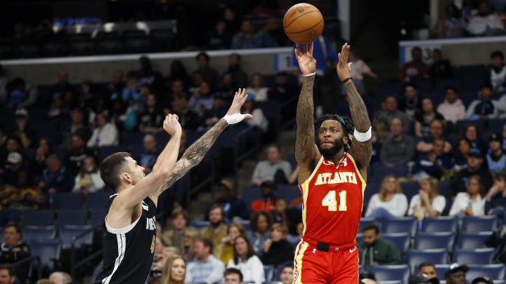 Mar 8, 2024; Memphis, Tennessee, USA; Atlanta Hawks forward Saddiq Bey (41) shoots for three as