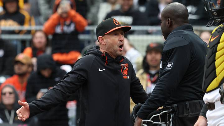 Apr 5, 2026; Pittsburgh, Pennsylvania, USA; Baltimore Orioles manager Craig Albernaz (55) argues with home plate umpire James Jean (61) after being ejected from the game against the Pittsburgh Pirates during the third inning at PNC Park. Mandatory Credit: Charles LeClaire-Imagn Images Apr 5, 2026; Pittsburgh, Pennsylvania, USA; Baltimore Orioles manager Craig Albernaz (55) argues with home plate umpire James Jean (61) after being ejected from the game against the Pittsburgh Pirates during the third inning at PNC Park. Mandatory Credit: Charles LeClaire-Imagn Images