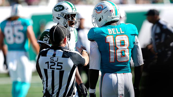 New York Jets cornerback Brandon Stephens (21) and Miami Dolphins wide receiver Chris Bell (18) had a heated exchange in the second quarter, Sunday, Oct. 25, 2026, at East Rutherford. New York Jets cornerback Brandon Stephens (21) and Miami Dolphins wide receiver Chris Bell (18) had a heated exchange in the second quarter, Sunday, Oct. 25, 2026, at East Rutherford.