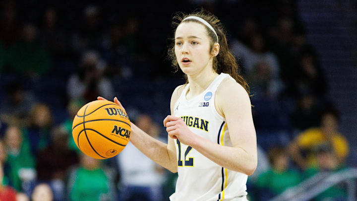 Michigan guard Syla Swords brings the ball up the court during the first round of the NCAA Women's Basketball Tournament between Michigan and Iowa State at Purcell Pavilion on Friday, March 21, 2025, in South Bend.