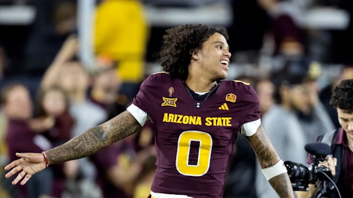 Nov 28, 2025; Tempe, Arizona, USA; Arizona State Sun Devils wide receiver Jordyn Tyson (0) against the Arizona Wildcats during the 99th Territorial Cup at Mountain America Stadium. Mandatory Credit: Mark J. Rebilas-Imagn Images