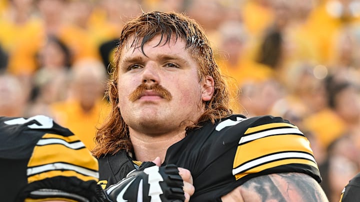 Sep 13, 2025; Iowa City, Iowa, USA; Iowa Hawkeyes offensive lineman Gennings Dunker (67) looks on before the game against the Massachusetts Minutemen at Kinnick Stadium. Mandatory Credit: Jeffrey Becker-Imagn Images
