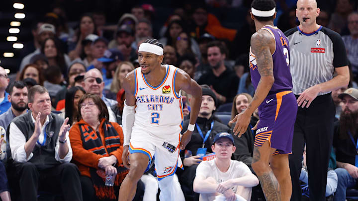Feb 5, 2025; Oklahoma City, Oklahoma, USA; Oklahoma City Thunder guard Shai Gilgeous-Alexander (2) smiles after scoring against the Phoenix Suns during the second half of a game at Paycom Center. Mandatory Credit: Alonzo Adams-Imagn Images Feb 5, 2025; Oklahoma City, Oklahoma, USA; Oklahoma City Thunder guard Shai Gilgeous-Alexander (2) smiles after scoring against the Phoenix Suns during the second half of a game at Paycom Center. Mandatory Credit: Alonzo Adams-Imagn Images
