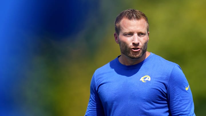 Los Angeles Rams head coach Sean McVay observes during a joint practice with the Cincinnati Bengals, Wednesday, Aug. 24, 2022, at the Paycor Stadium practice fields in Cincinnati.

Los Angeles Rams At Cincinnati Bengals Joint Practice Aug 24 0062