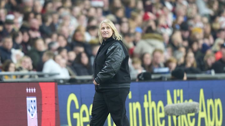 Nov 30, 2024; London, England;  United States head coach Emma Hayes in the second  half of an International friendly at Wembley Stadium. Mandatory Credit: Peter van den Berg-Imagn Images