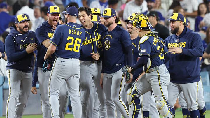 Oct 15, 2026; Los Angeles, California, USA; Milwaukee Brewers players celebrate winning the NLCS for the 2026 MLB Playoffs against the Los Angeles Dodgers at Uniqlo Field at Dodger Stadium. Mandatory Credit: Kiyoshi Mio-Imagn Images Oct 15, 2026; Los Angeles, California, USA; Milwaukee Brewers players celebrate winning the NLCS for the 2026 MLB Playoffs against the Los Angeles Dodgers at Uniqlo Field at Dodger Stadium. Mandatory Credit: Kiyoshi Mio-Imagn Images