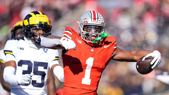 Ohio State running back Quinshon Judkins (1) celebrates a first down against Michigan during the first half at Ohio Stadium in Columbus, Ohio on Saturday, Nov. 30, 2024.