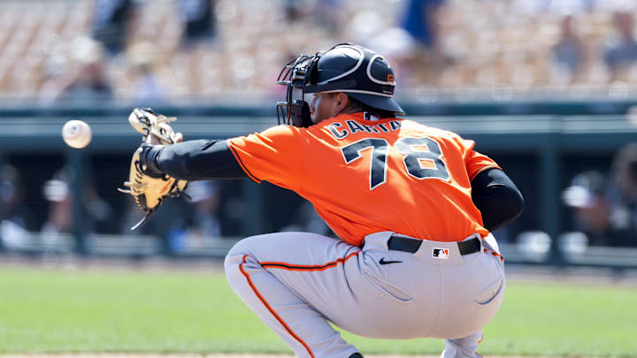 Mar 2, 2026; Phoenix, Arizona, USA; San Francisco Giants catcher Diego Cartaya against the Chicago White Sox during a spring training game at Camelback Ranch-Glendale. Mandatory Credit: Mark J. Rebilas-Imagn Images