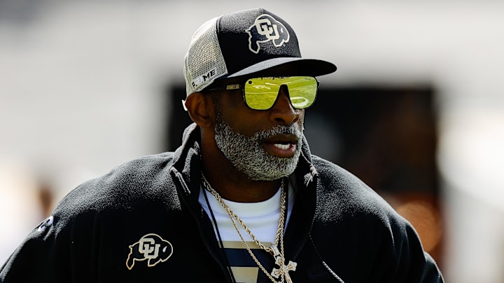 Apr 19, 2025; Boulder, CO, USA; Colorado Buffaloes head coach Deion Sanders during the spring game at Folsom Field. Apr 19, 2025; Boulder, CO, USA; Colorado Buffaloes head coach Deion Sanders during the spring game at Folsom Field.