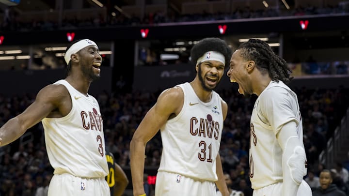 Dec 30, 2024; San Francisco, California, USA; Cleveland Cavaliers guard Darius Garland (10) and center Jarrett Allen (31) and guard Caris LeVert (3) react after a foul is called against a Golden State Warriors player during the third quarter at Chase Center. Mandatory Credit: John Hefti-Imagn Images Dec 30, 2024; San Francisco, California, USA; Cleveland Cavaliers guard Darius Garland (10) and center Jarrett Allen (31) and guard Caris LeVert (3) react after a foul is called against a Golden State Warriors player during the third quarter at Chase Center. Mandatory Credit: John Hefti-Imagn Images