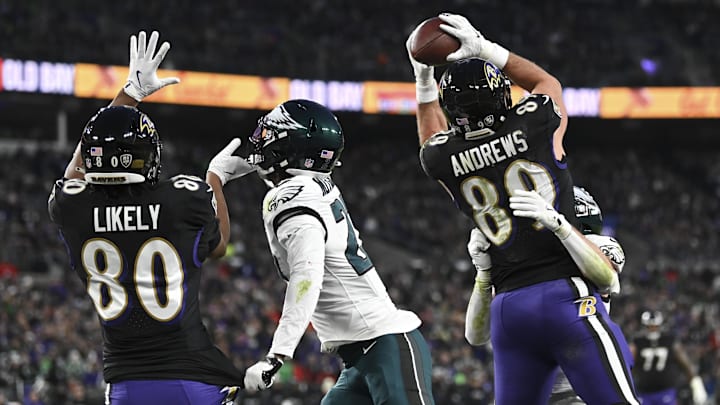 Dec 1, 2024; Baltimore, Maryland, USA;  Baltimore Ravens tight end Mark Andrews (89) catches a pass for a touchdown against the Philadelphia Eagles during the first quarter at M&T Bank Stadium. Mandatory Credit: Tommy Gilligan-Imagn Images