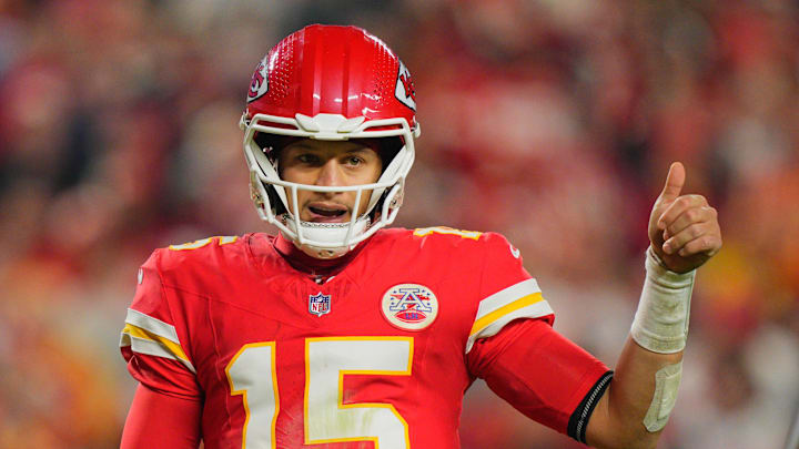 Kansas City Chiefs quarterback Patrick Mahomes (15) reacts during the third quarter of the game against the Washington Commanders at GEHA Field at Arrowhead Stadium. 