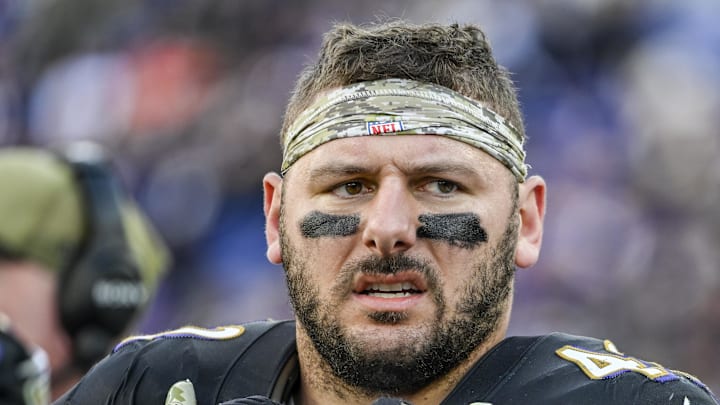 Baltimore Ravens fullback Patrick Ricard on the sidelines dung the game against the Chicago Bears.