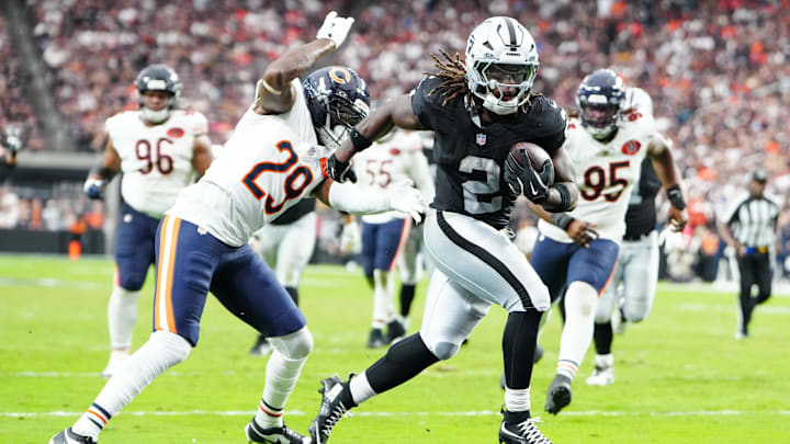 Sep 28, 2025; Paradise, Nevada, USA; Las Vegas Raiders running back Ashton Jeanty (2) runs the ball for a touchdown during the second half against the Chicago Bears at Allegiant Stadium. Mandatory Credit: Stephen R. Sylvanie-Imagn Images