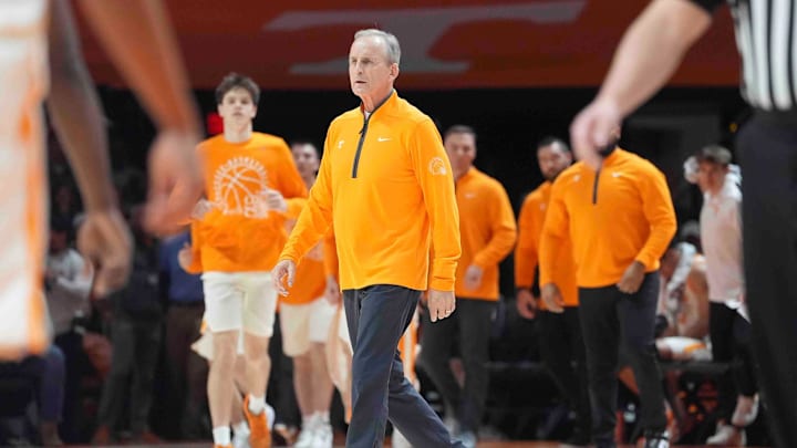 Tennessee head coach Rick Barnes walks toward an official during a men’s college basketball game between Tennessee and Vanderbilt at Thompson-Boling Arena at Food City Center, Saturday, Feb. 15, 2025.