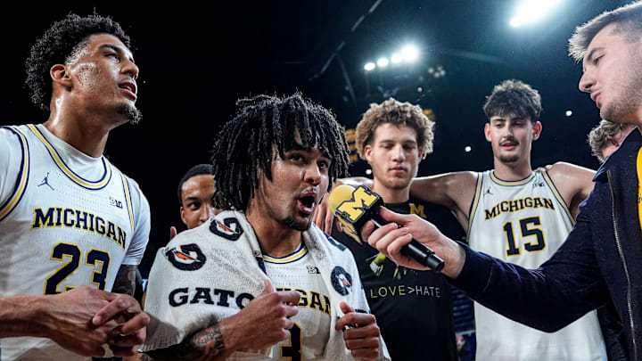 Michigan guard Elliot Cadeau (3) speaks at his post game interview after 86-72 win over Indiana at Crisler Center in Ann Arbor on Tuesday, Jan. 20, 2026.