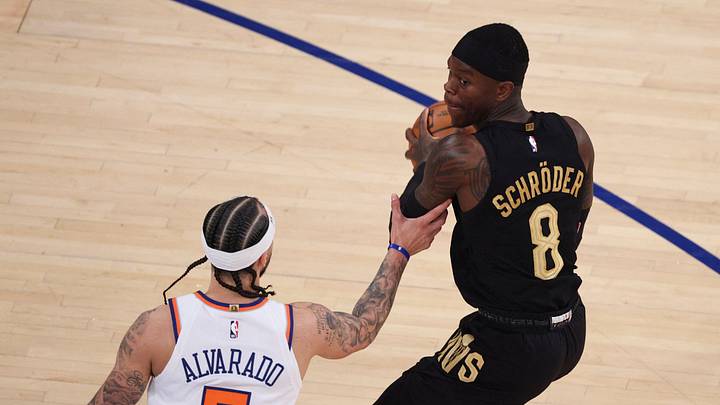 May 19, 2026; New York, New York, USA; Cleveland Cavaliers guard Dennis Schroder (8) controls the ball against New York Knicks guard Jose Alvarado (5) during the second quarter of game one of the eastern conference finals for the 2026 NBA playoffs at Madison Square Garden. Mandatory Credit: Vincent Carchietta-Imagn Images May 19, 2026; New York, New York, USA; Cleveland Cavaliers guard Dennis Schroder (8) controls the ball against New York Knicks guard Jose Alvarado (5) during the second quarter of game one of the eastern conference finals for the 2026 NBA playoffs at Madison Square Garden. Mandatory Credit: Vincent Carchietta-Imagn Images