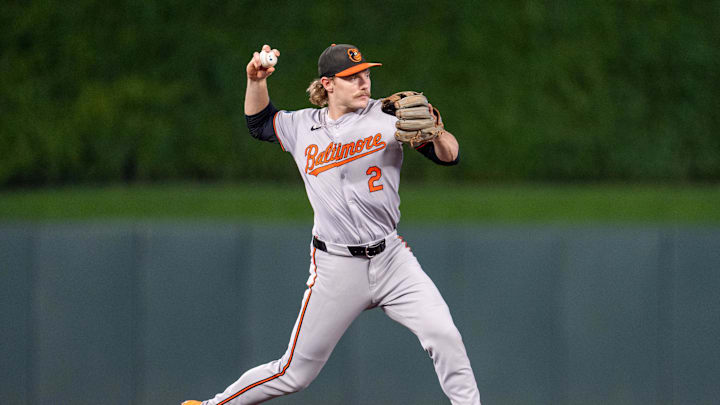 Sep 27, 2024; Minneapolis, Minnesota, USA; Baltimore Orioles shortstop Gunnar Henderson (2) throws out Minnesota Twins shortstop Carlos Correa (4) in the sixth inning at Target Field.