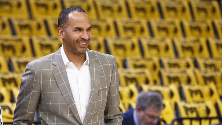 Apr 18, 2025; Memphis, Tennessee, USA; Dallas Mavericks general manager Nico Harrison watches warm ups prior to a game against the Memphis Grizzlies at FedExForum. Mandatory Credit: Petre Thomas-Imagn Images