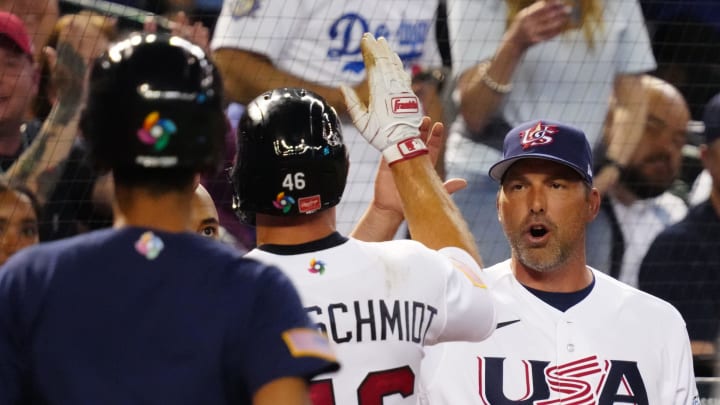 USA manager Mark DeRosa high-fives first baseman Paul Goldschmidt (46) during the World Baseball Classic against Great Britain at Chase Field in Phoenix on March 11, 2023.

Baseball World Baseball Classic Opening Day