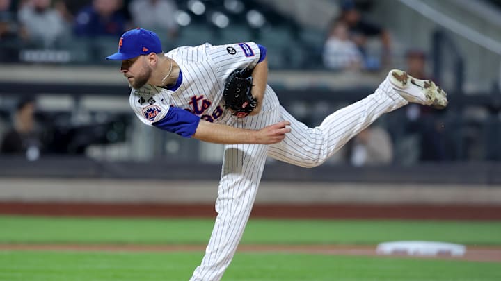 Sep 17, 2024; New York City, New York, USA; New York Mets starting pitcher Tylor Megill (38) follows through on a pitch against Washington Nationals during the first inning at Citi Field. Mandatory Credit: Brad Penner-Imagn Images