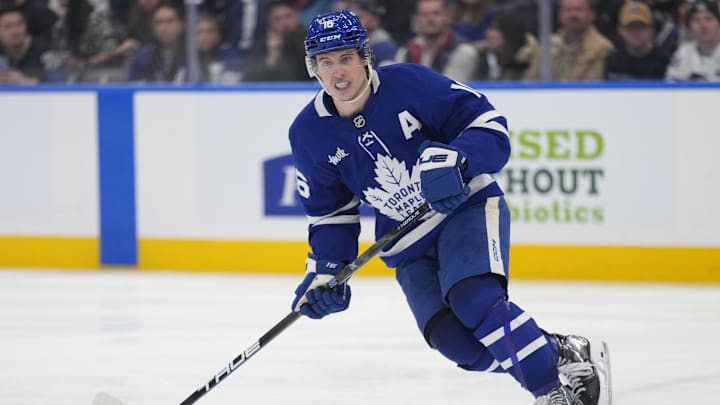 Mar 19, 2025; Toronto, Ontario, CAN; Toronto Maple Leafs forward Mitch Marner (16) skates against the Colorado Avalanche during the third period at Scotiabank Arena. Mandatory Credit: John E. Sokolowski-Imagn Images