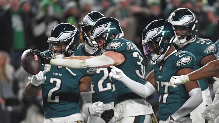Nov 14, 2024; Philadelphia, Pennsylvania, USA; Philadelphia Eagles safety Reed Blankenship (32) celebrates interception against the Washington Commanders during the fourth quarter at Lincoln Financial Field. Mandatory Credit: Eric Hartline-Imagn Images