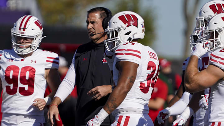 Oct 19, 2024; Evanston, Illinois, USA; Wisconsin Badgers head coach Luke Fickell on the sidelines against the Northwestern Wildcats during the first half at Lanny and Sharon Martin Stadium. 